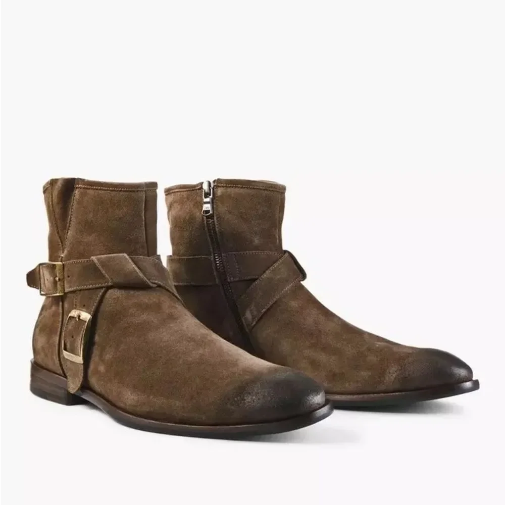 John Varvatos Taupe Brown Suede Double-Buckle Ankle Boots